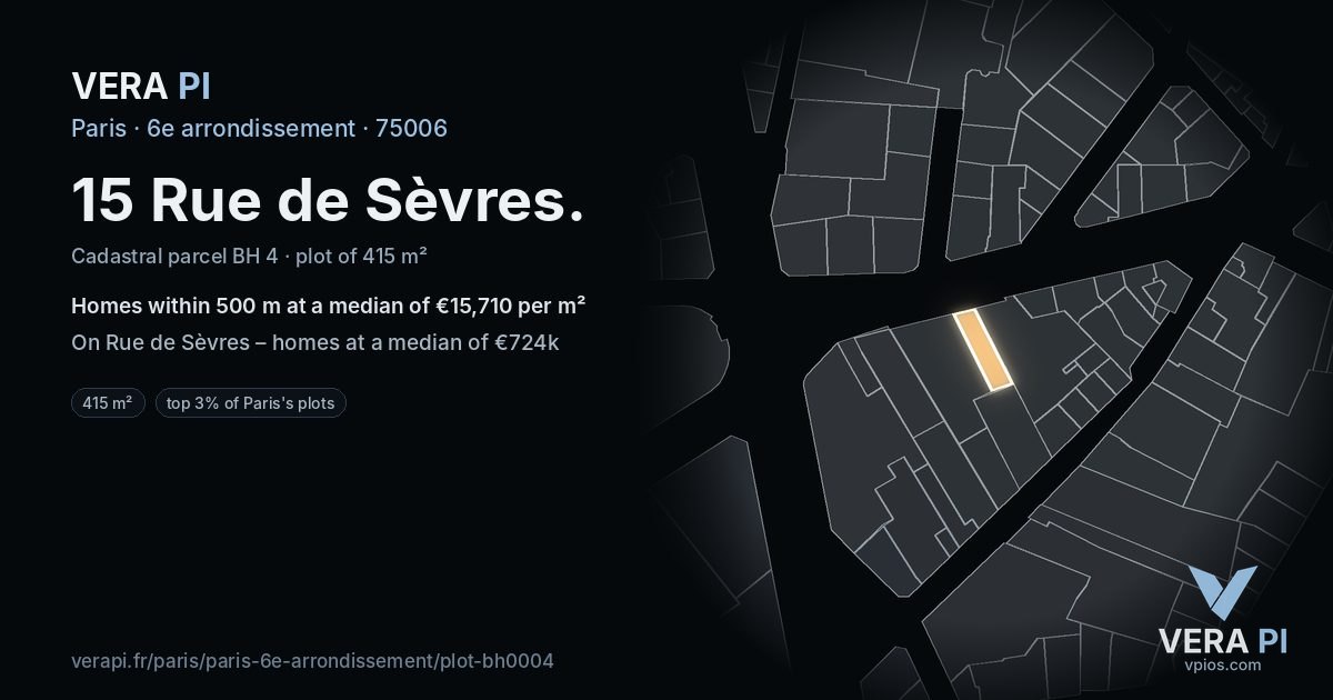 15 Rue de Sèvres, 6e arrondissement at night – the plot lit, the parcels around coloured by the prices near them