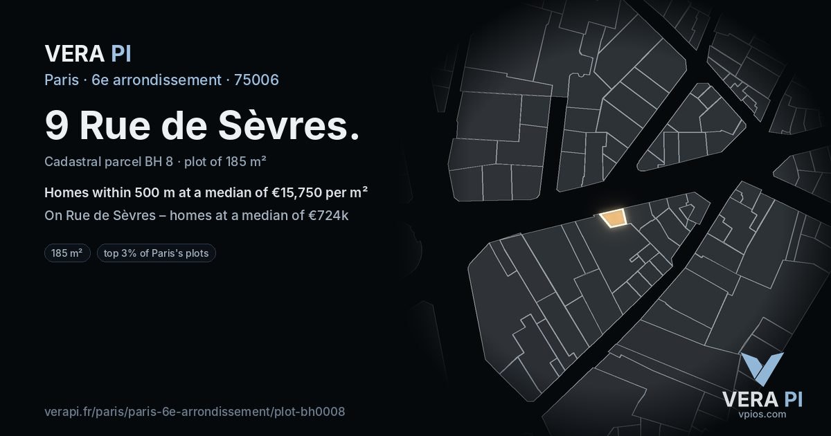 9 Rue de Sèvres, 6e arrondissement at night – the plot lit, the parcels around coloured by the prices near them