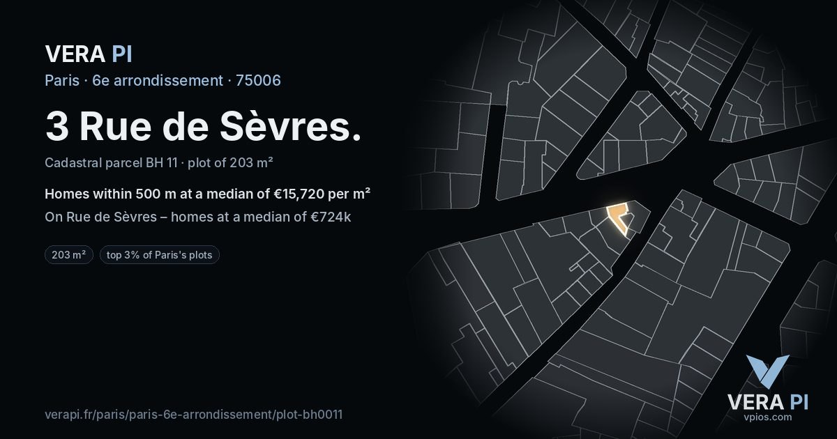 3 Rue de Sèvres, 6e arrondissement at night – the plot lit, the parcels around coloured by the prices near them