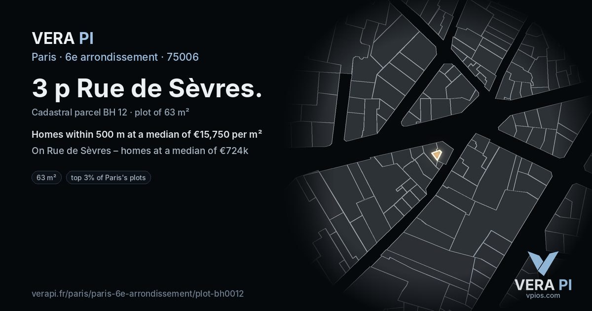 3 p Rue de Sèvres, 6e arrondissement at night – the plot lit, the parcels around coloured by the prices near them