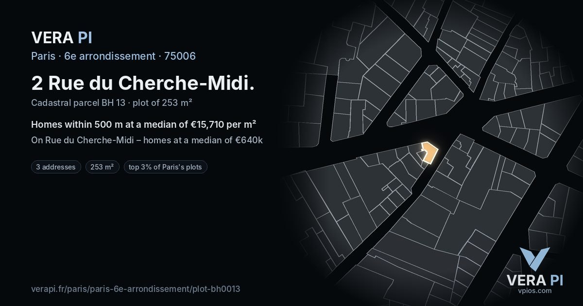 2 Rue du Cherche-Midi, 6e arrondissement at night – the plot lit, the parcels around coloured by the prices near them