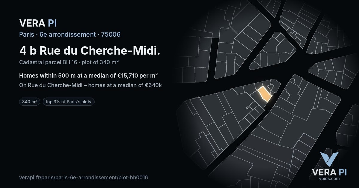 4 b Rue du Cherche-Midi, 6e arrondissement at night – the plot lit, the parcels around coloured by the prices near them