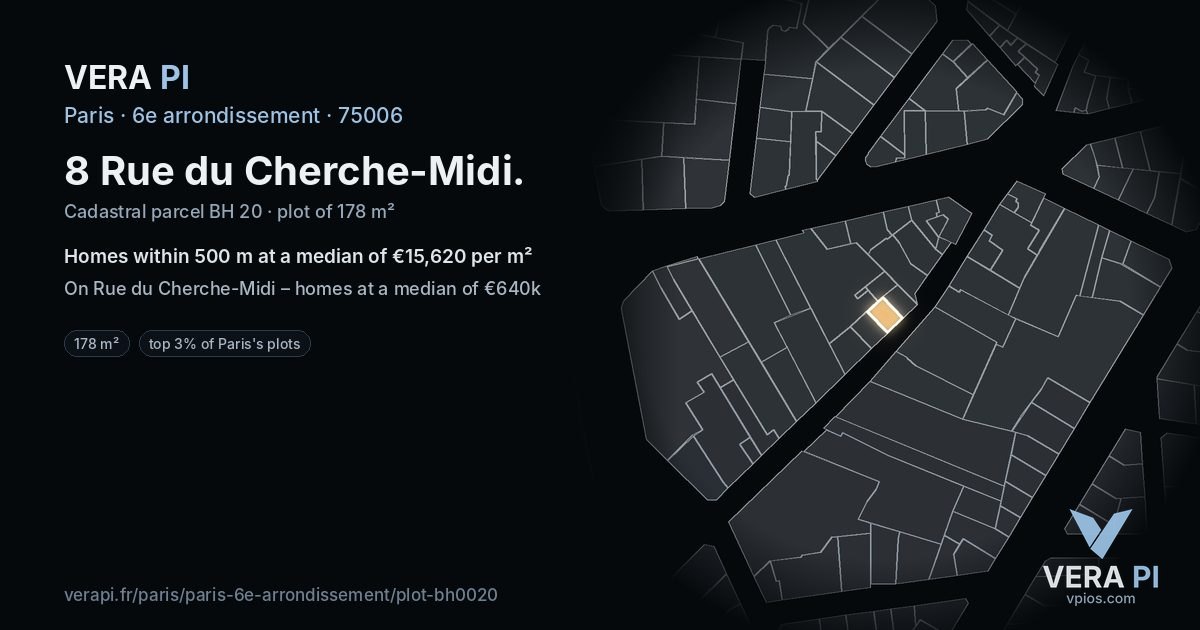 8 Rue du Cherche-Midi, 6e arrondissement at night – the plot lit, the parcels around coloured by the prices near them