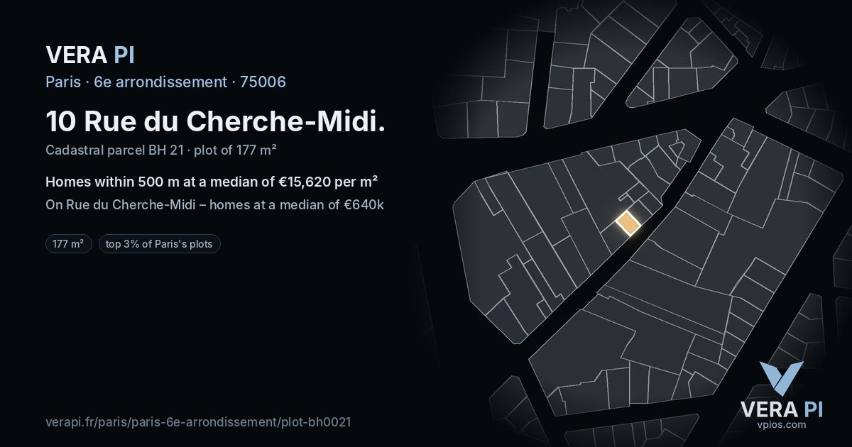 10 Rue du Cherche-Midi, 6e arrondissement at night – the plot lit, the parcels around coloured by the prices near them