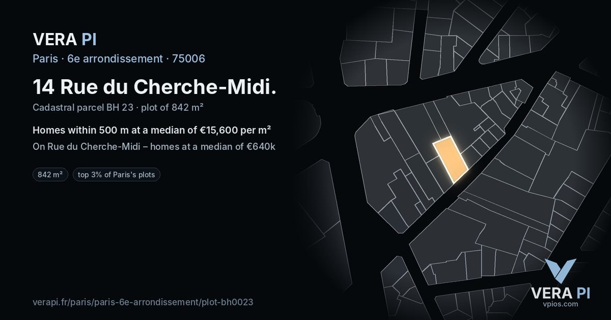 14 Rue du Cherche-Midi, 6e arrondissement at night – the plot lit, the parcels around coloured by the prices near them