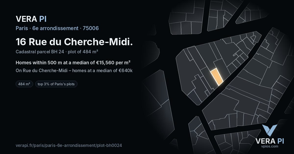 16 Rue du Cherche-Midi, 6e arrondissement at night – the plot lit, the parcels around coloured by the prices near them