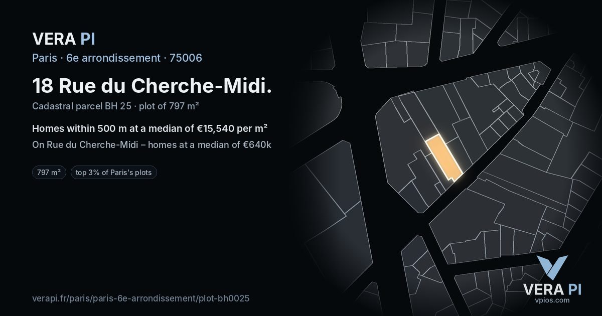 18 Rue du Cherche-Midi, 6e arrondissement at night – the plot lit, the parcels around coloured by the prices near them