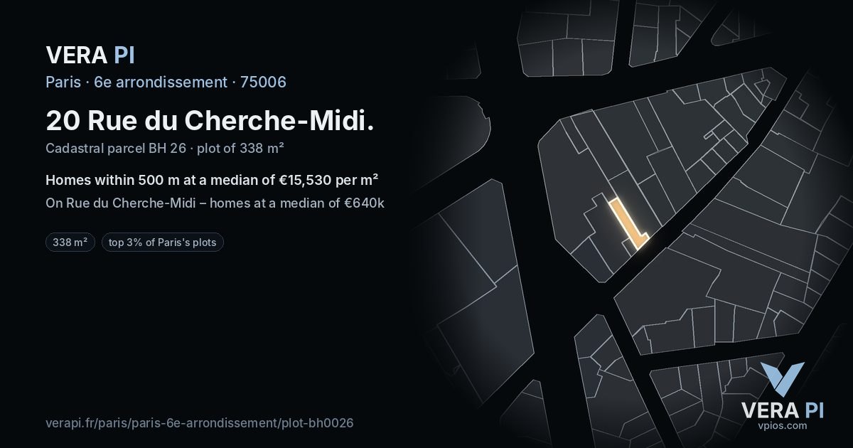 20 Rue du Cherche-Midi, 6e arrondissement at night – the plot lit, the parcels around coloured by the prices near them