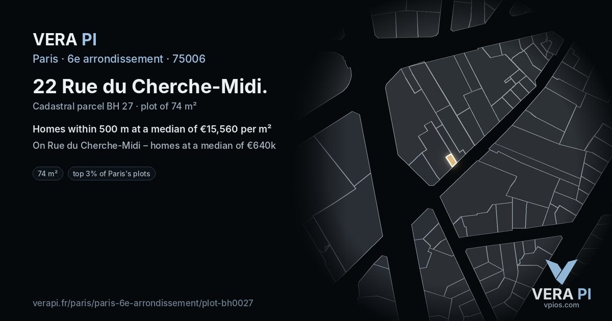 22 Rue du Cherche-Midi, 6e arrondissement at night – the plot lit, the parcels around coloured by the prices near them