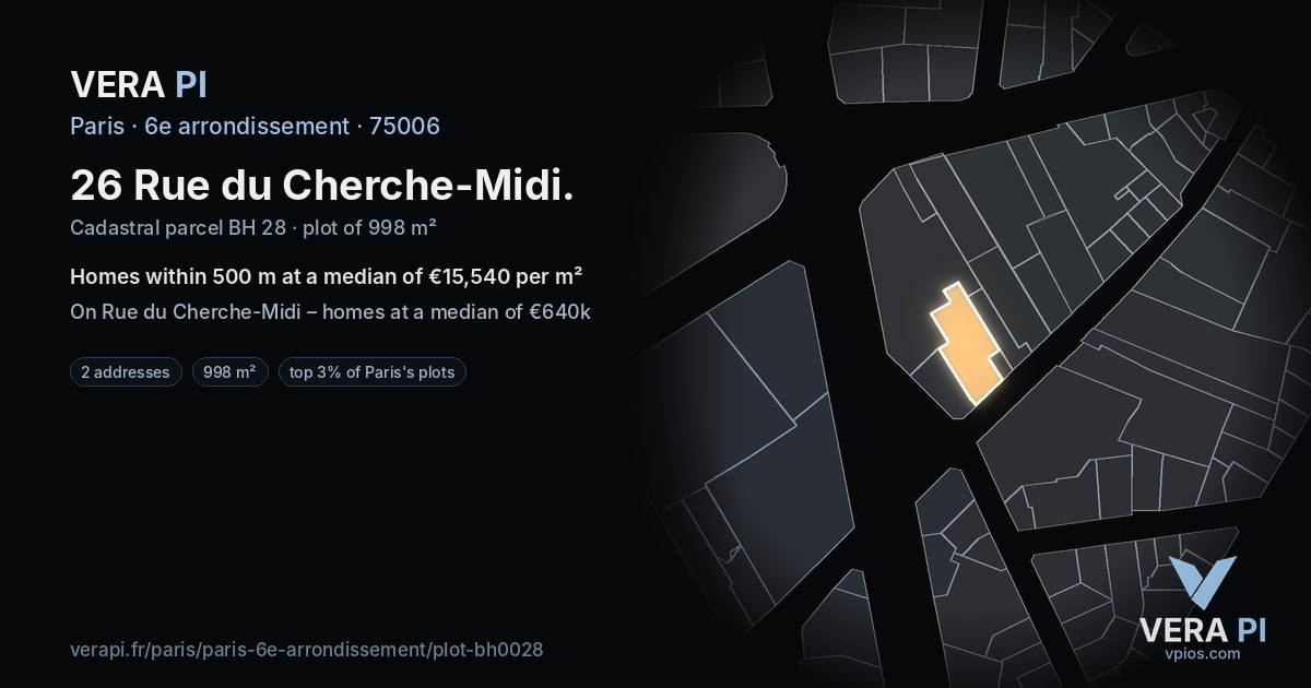 26 Rue du Cherche-Midi, 6e arrondissement at night – the plot lit, the parcels around coloured by the prices near them