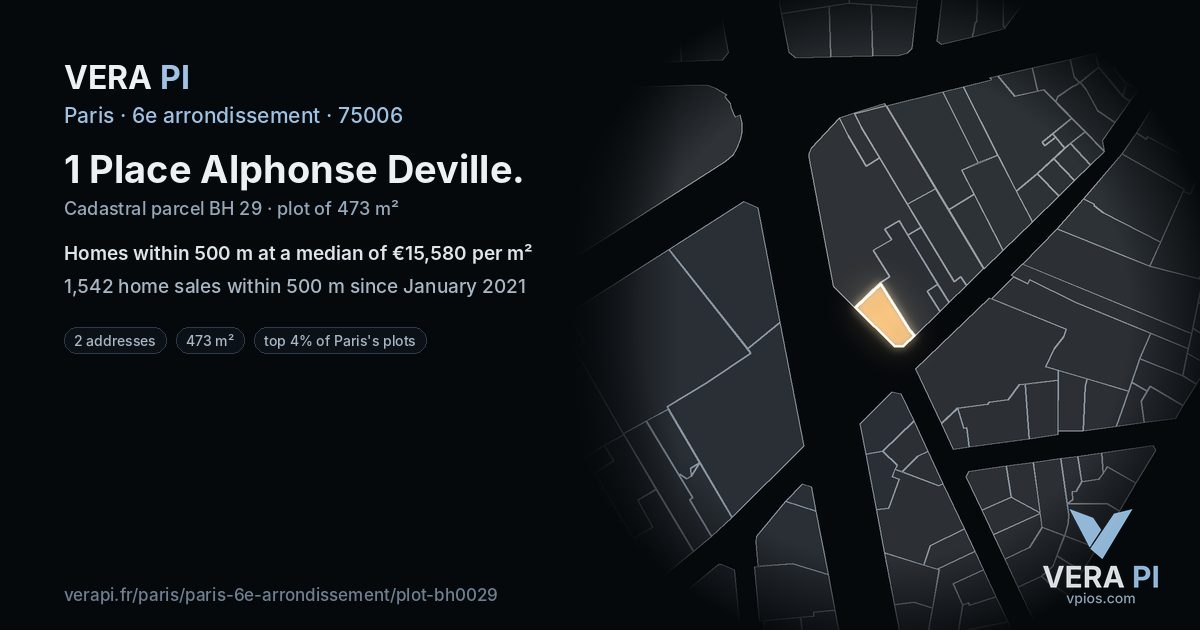 1 Place Alphonse Deville, 6e arrondissement at night – the plot lit, the parcels around coloured by the prices near them