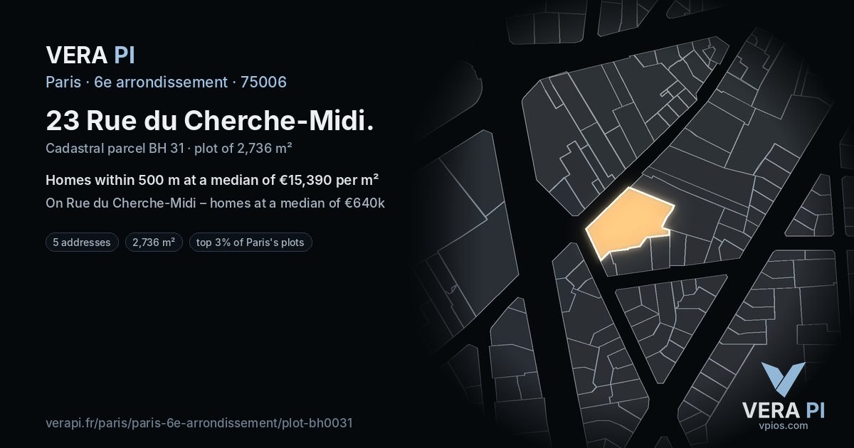 23 Rue du Cherche-Midi, 6e arrondissement at night – the plot lit, the parcels around coloured by the prices near them