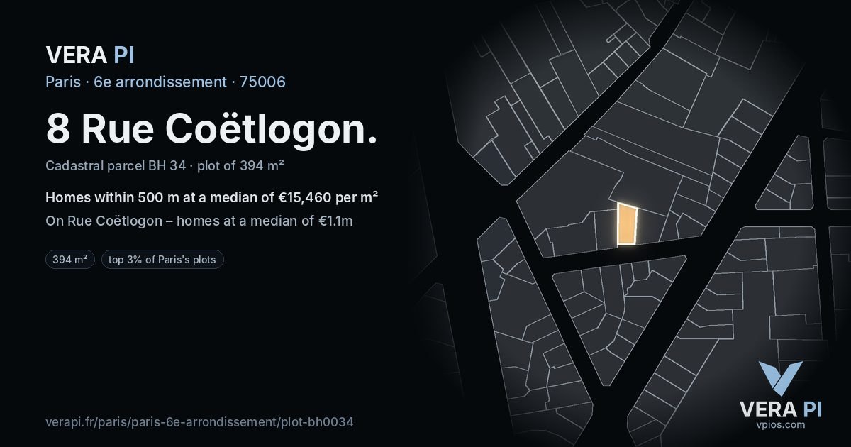 8 Rue Coëtlogon, 6e arrondissement at night – the plot lit, the parcels around coloured by the prices near them