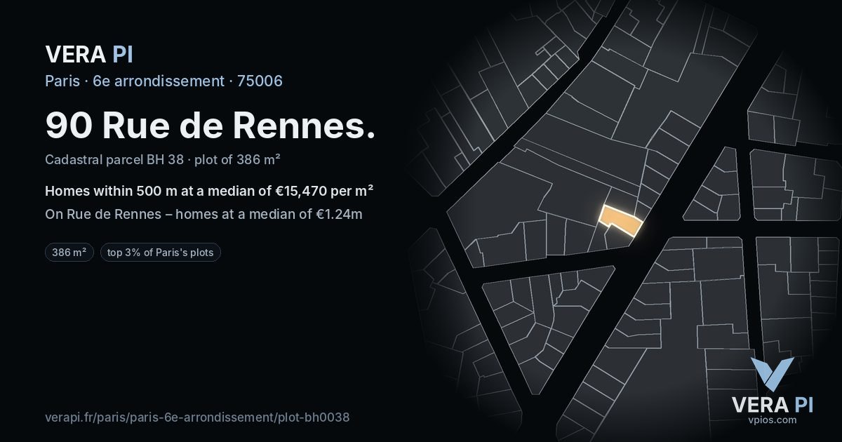 90 Rue de Rennes, 6e arrondissement at night – the plot lit, the parcels around coloured by the prices near them