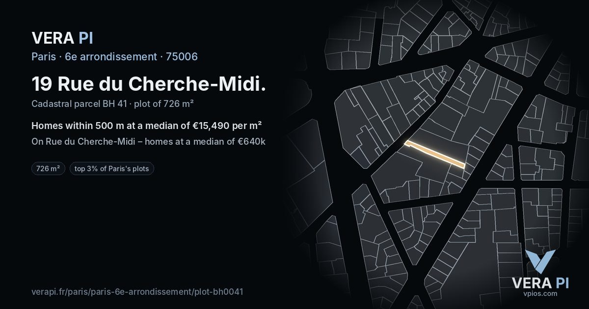 19 Rue du Cherche-Midi, 6e arrondissement at night – the plot lit, the parcels around coloured by the prices near them
