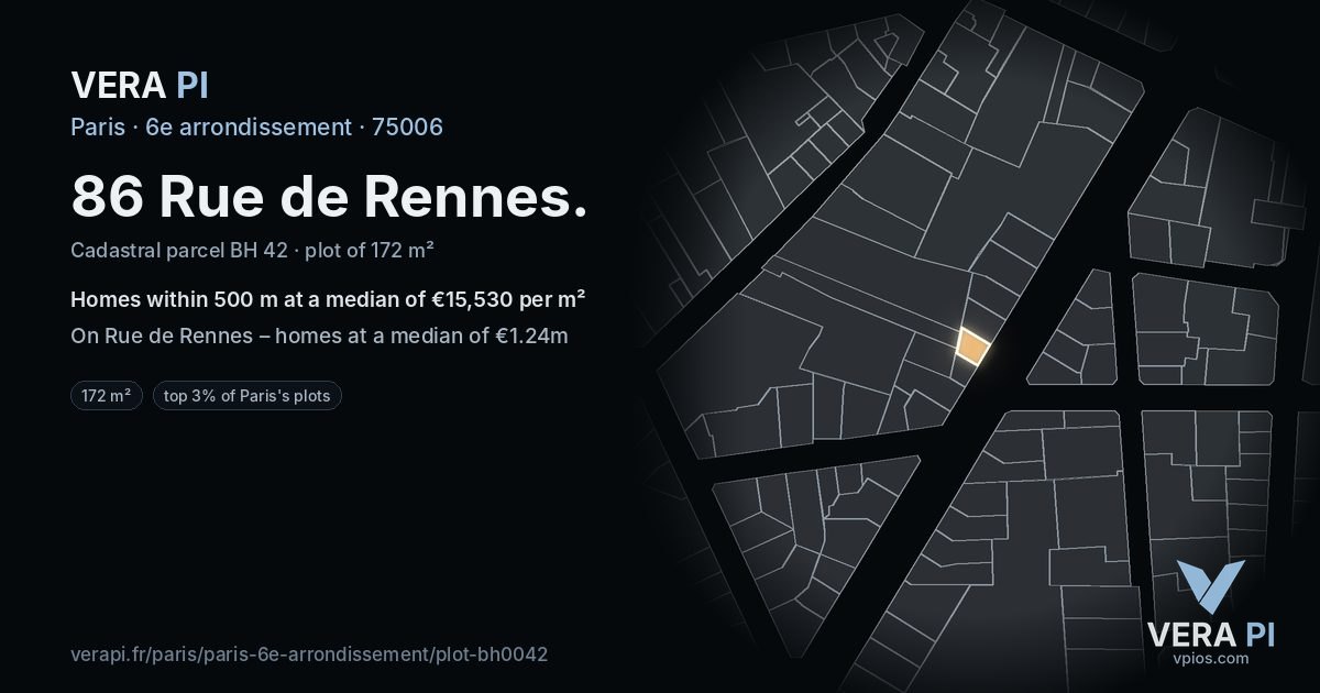 86 Rue de Rennes, 6e arrondissement at night – the plot lit, the parcels around coloured by the prices near them
