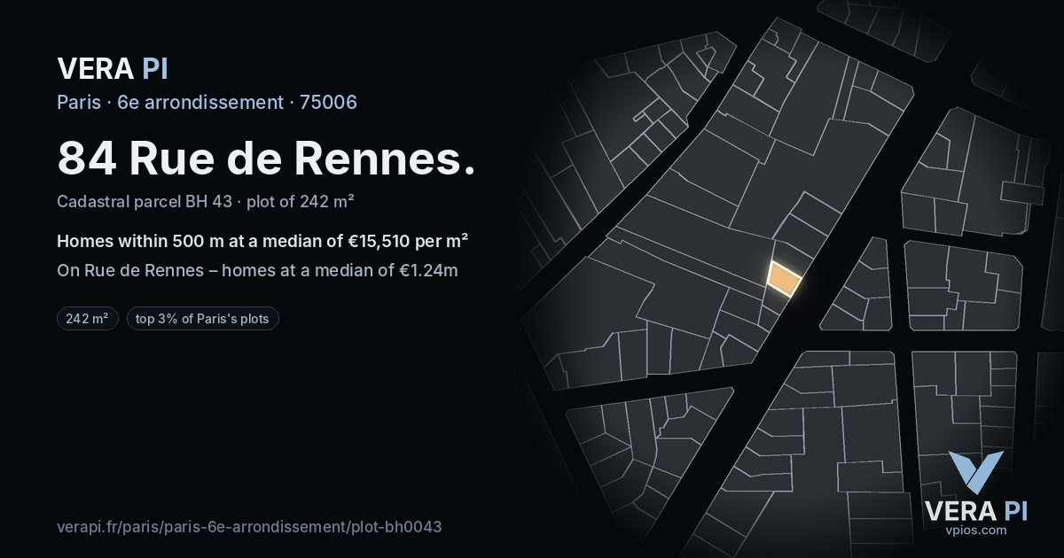 84 Rue de Rennes, 6e arrondissement at night – the plot lit, the parcels around coloured by the prices near them