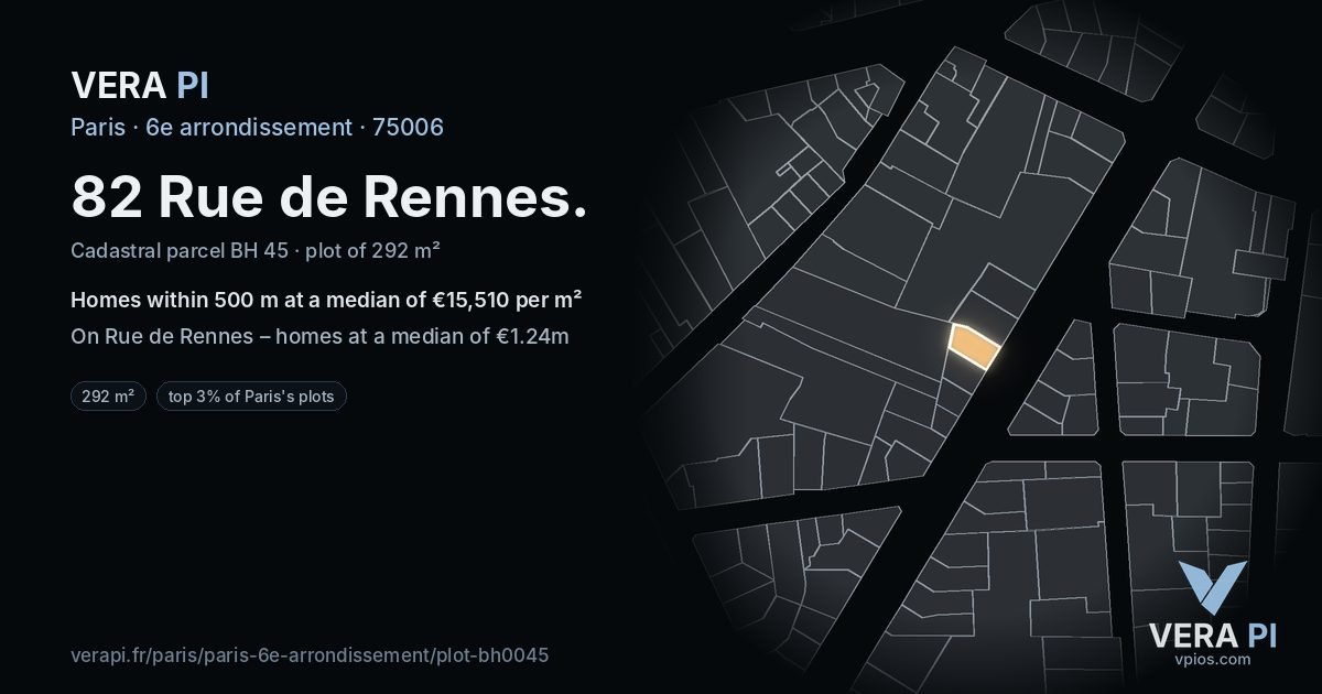 82 Rue de Rennes, 6e arrondissement at night – the plot lit, the parcels around coloured by the prices near them