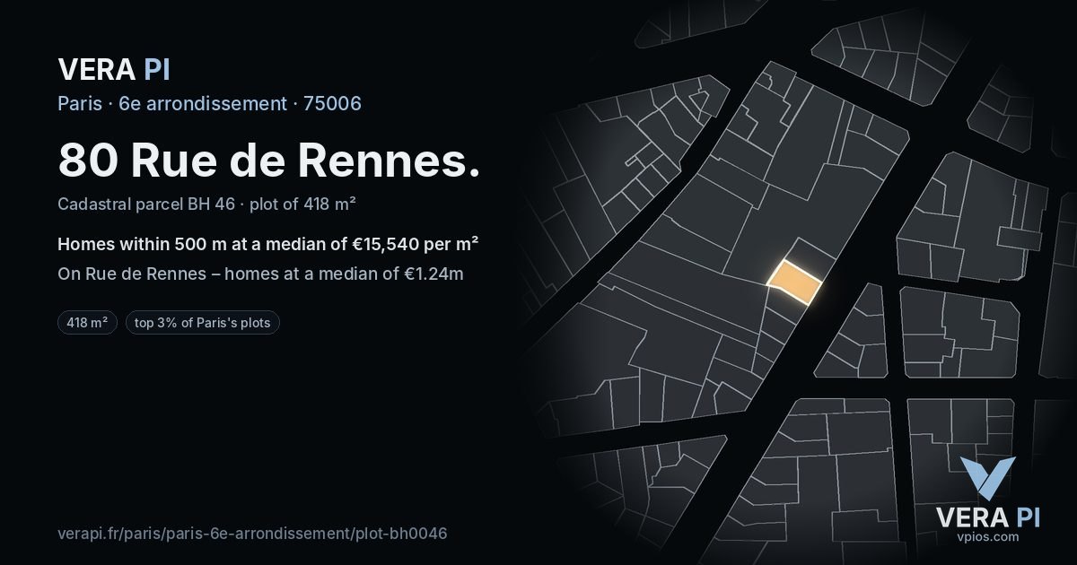 80 Rue de Rennes, 6e arrondissement at night – the plot lit, the parcels around coloured by the prices near them