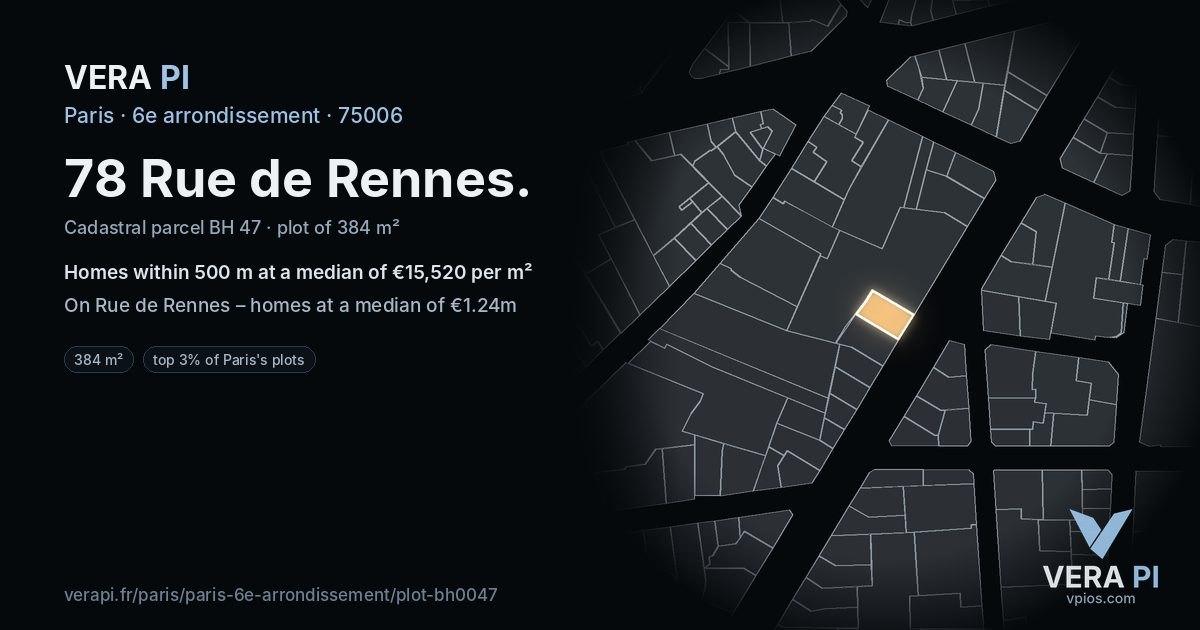 78 Rue de Rennes, 6e arrondissement at night – the plot lit, the parcels around coloured by the prices near them