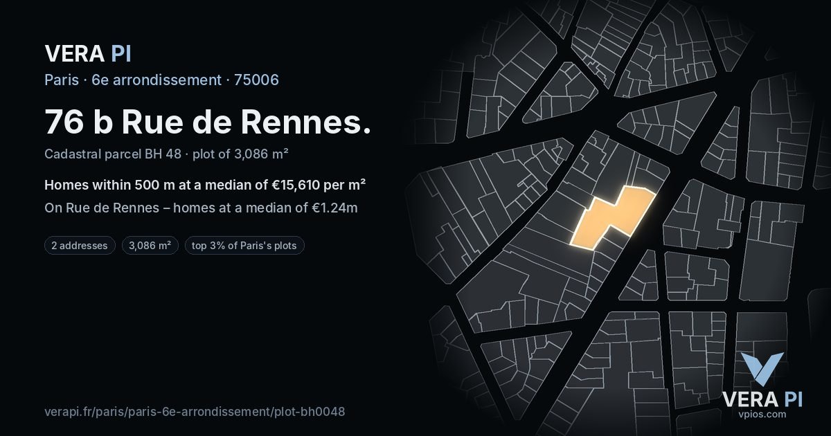 76 b Rue de Rennes, 6e arrondissement at night – the plot lit, the parcels around coloured by the prices near them