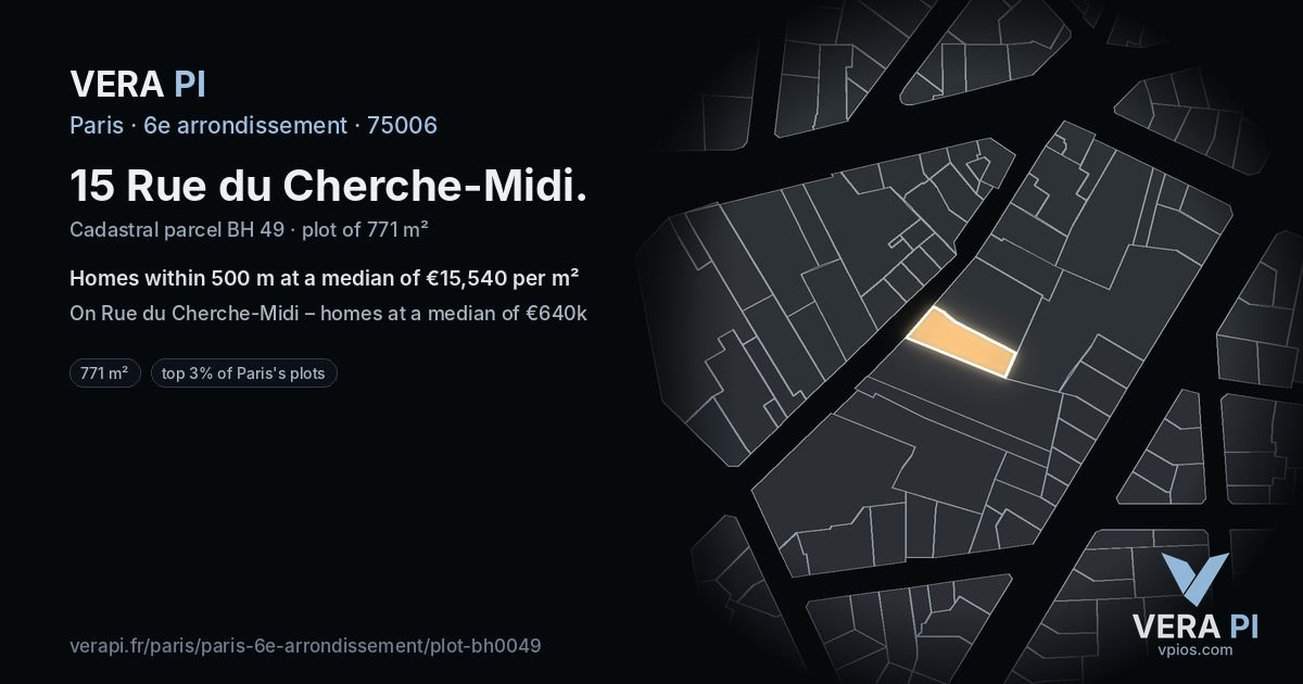 15 Rue du Cherche-Midi, 6e arrondissement at night – the plot lit, the parcels around coloured by the prices near them