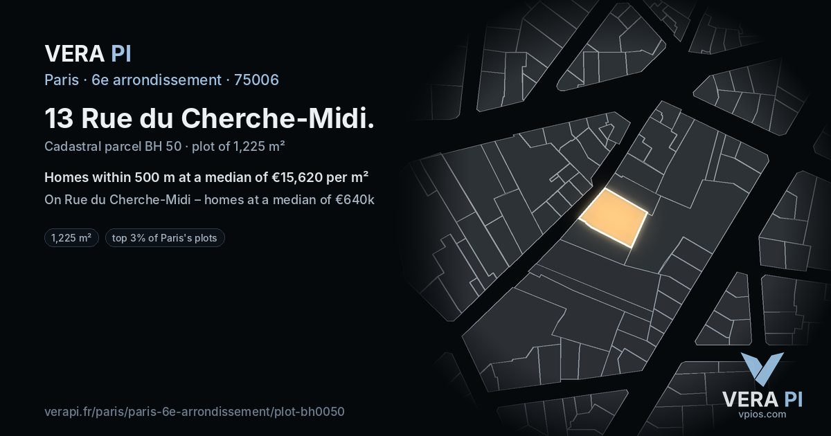 13 Rue du Cherche-Midi, 6e arrondissement at night – the plot lit, the parcels around coloured by the prices near them