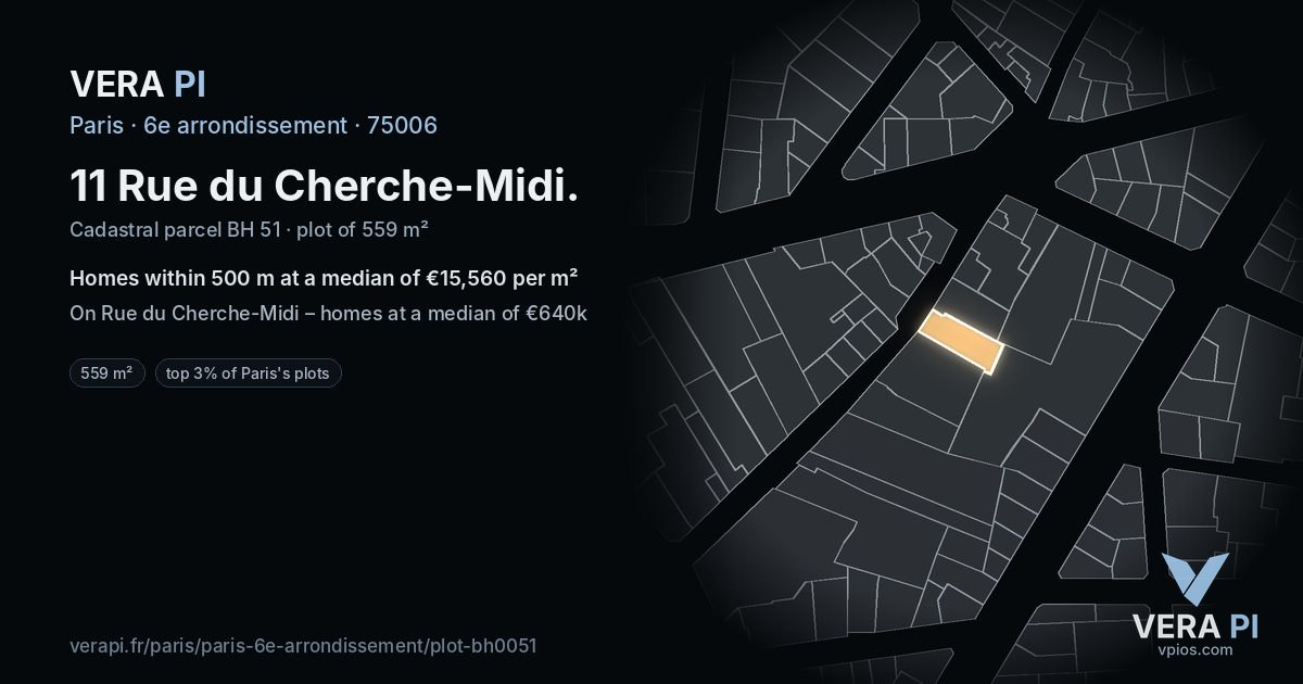 11 Rue du Cherche-Midi, 6e arrondissement at night – the plot lit, the parcels around coloured by the prices near them