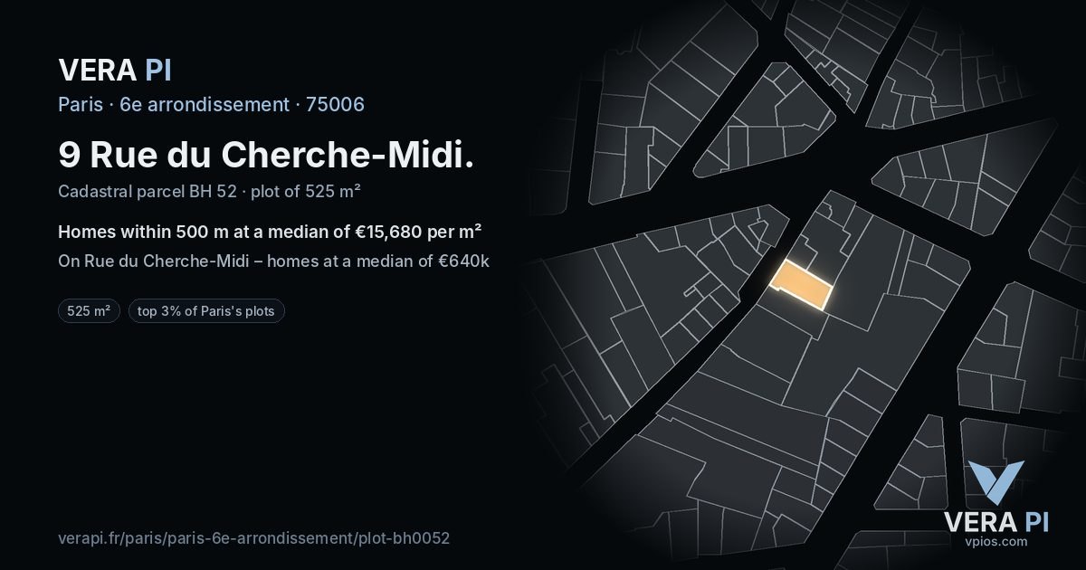 9 Rue du Cherche-Midi, 6e arrondissement at night – the plot lit, the parcels around coloured by the prices near them