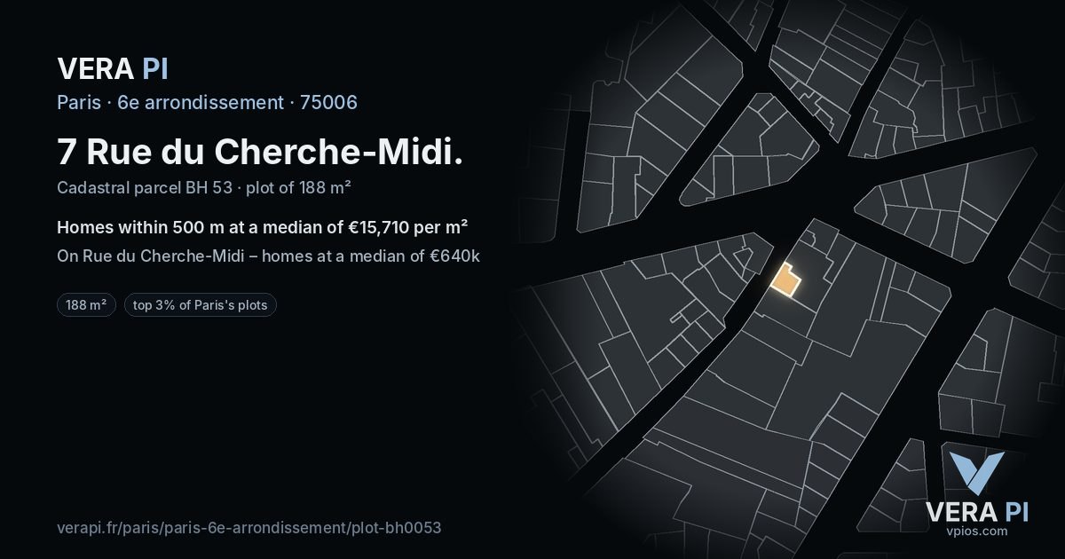 7 Rue du Cherche-Midi, 6e arrondissement at night – the plot lit, the parcels around coloured by the prices near them