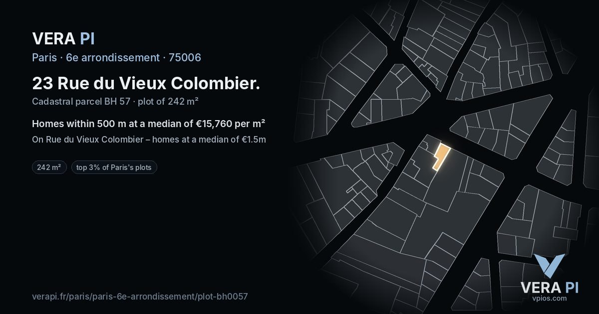 23 Rue du Vieux Colombier, 6e arrondissement at night – the plot lit, the parcels around coloured by the prices near them