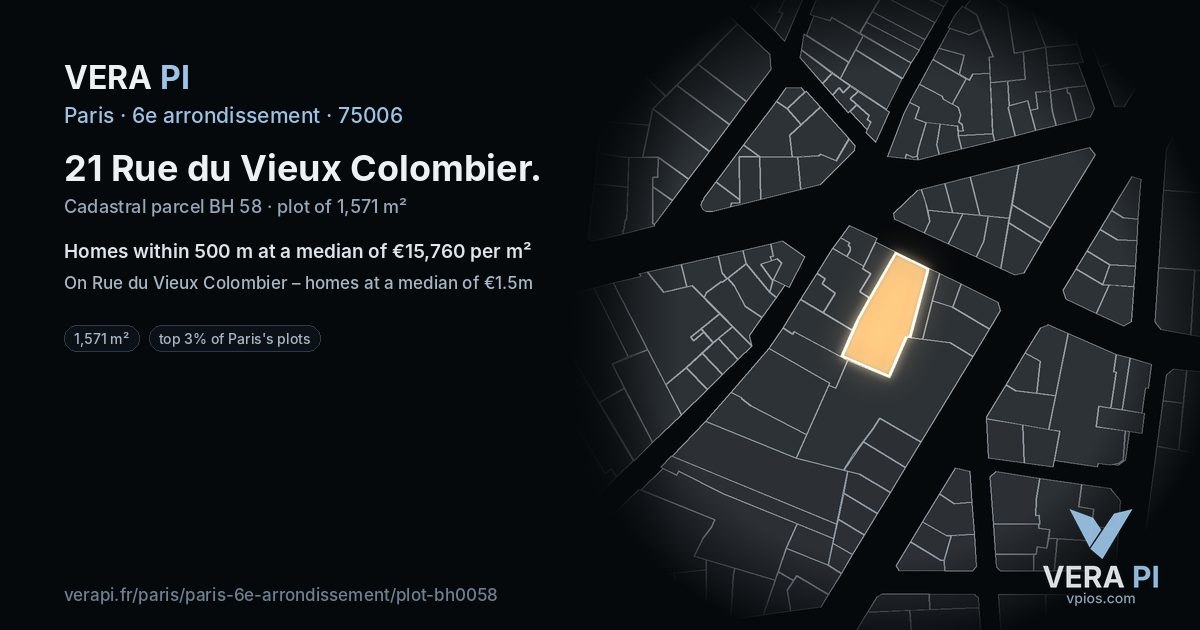 21 Rue du Vieux Colombier, 6e arrondissement at night – the plot lit, the parcels around coloured by the prices near them
