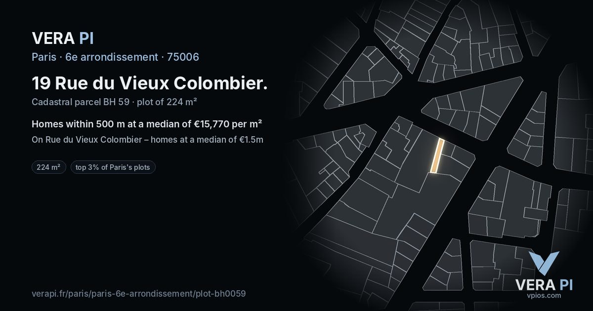 19 Rue du Vieux Colombier, 6e arrondissement at night – the plot lit, the parcels around coloured by the prices near them