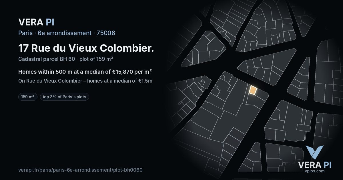 17 Rue du Vieux Colombier, 6e arrondissement at night – the plot lit, the parcels around coloured by the prices near them