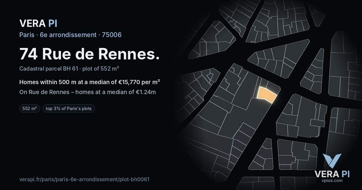 74 Rue de Rennes, 6e arrondissement at night – the plot lit, the parcels around coloured by the prices near them