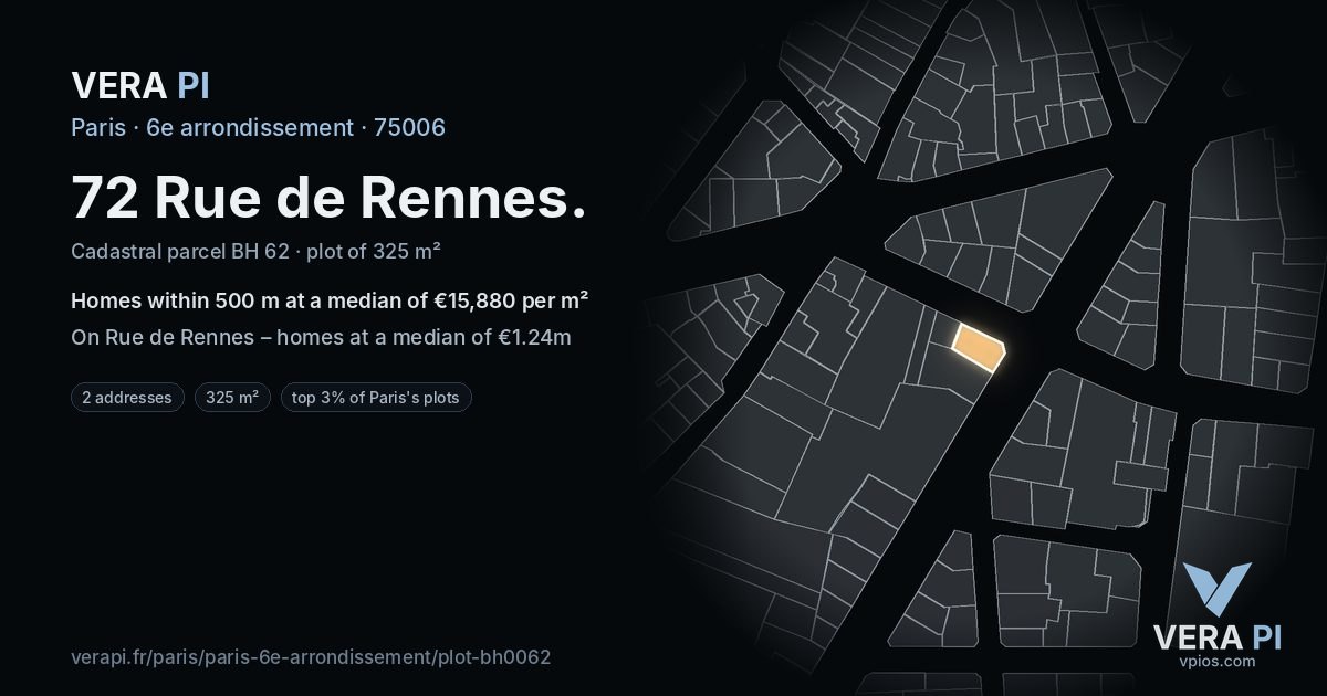 72 Rue de Rennes, 6e arrondissement at night – the plot lit, the parcels around coloured by the prices near them