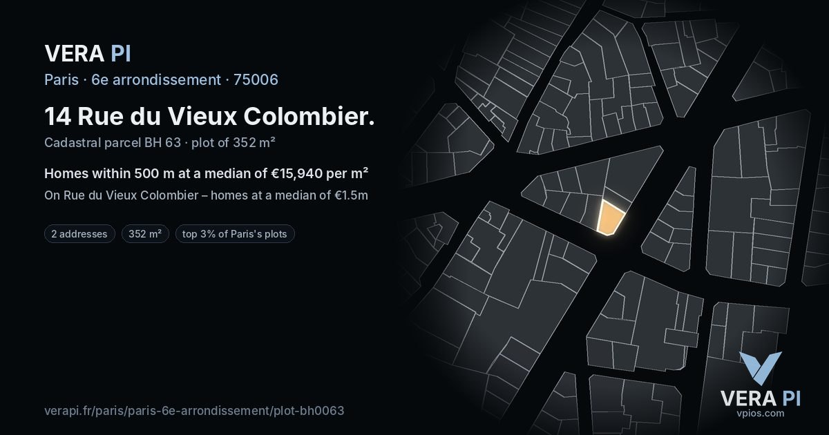 14 Rue du Vieux Colombier, 6e arrondissement at night – the plot lit, the parcels around coloured by the prices near them