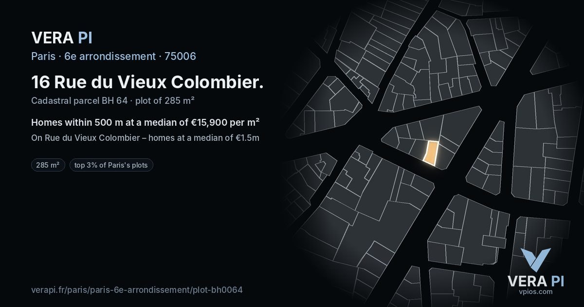 16 Rue du Vieux Colombier, 6e arrondissement at night – the plot lit, the parcels around coloured by the prices near them