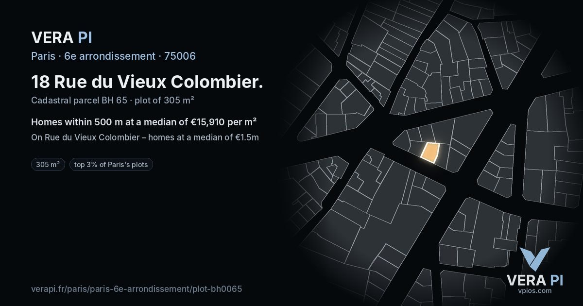 18 Rue du Vieux Colombier, 6e arrondissement at night – the plot lit, the parcels around coloured by the prices near them