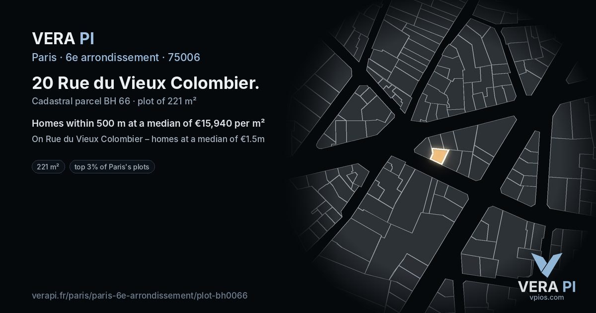 20 Rue du Vieux Colombier, 6e arrondissement at night – the plot lit, the parcels around coloured by the prices near them