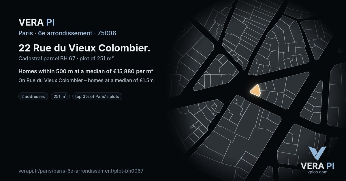 22 Rue du Vieux Colombier, 6e arrondissement at night – the plot lit, the parcels around coloured by the prices near them