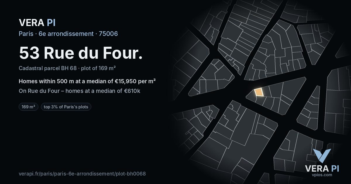 53 Rue du Four, 6e arrondissement at night – the plot lit, the parcels around coloured by the prices near them