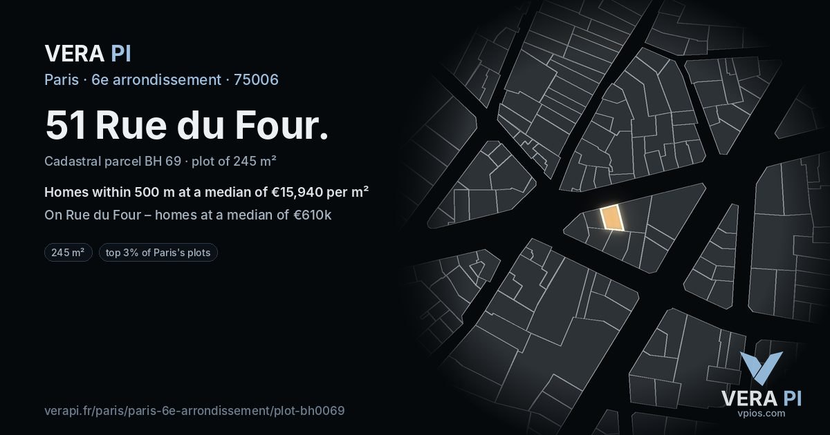 51 Rue du Four, 6e arrondissement at night – the plot lit, the parcels around coloured by the prices near them