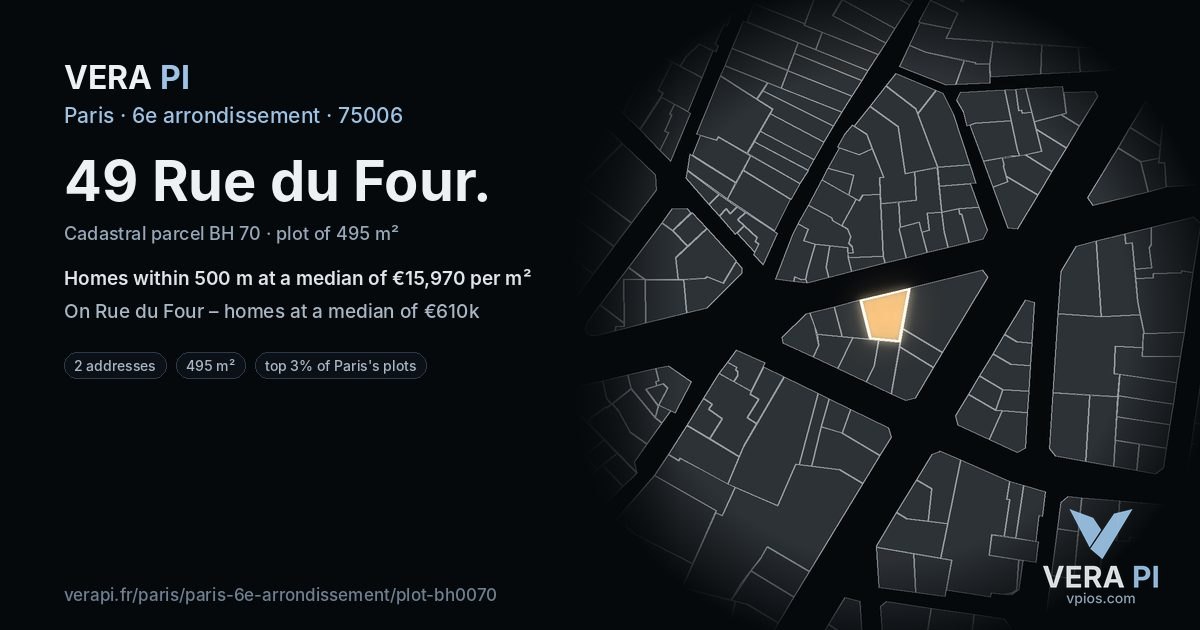 49 Rue du Four, 6e arrondissement at night – the plot lit, the parcels around coloured by the prices near them