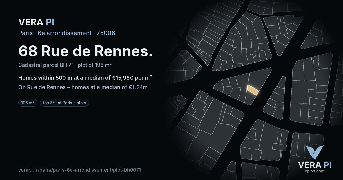 68 Rue de Rennes, 6e arrondissement at night – the plot lit, the parcels around coloured by the prices near them