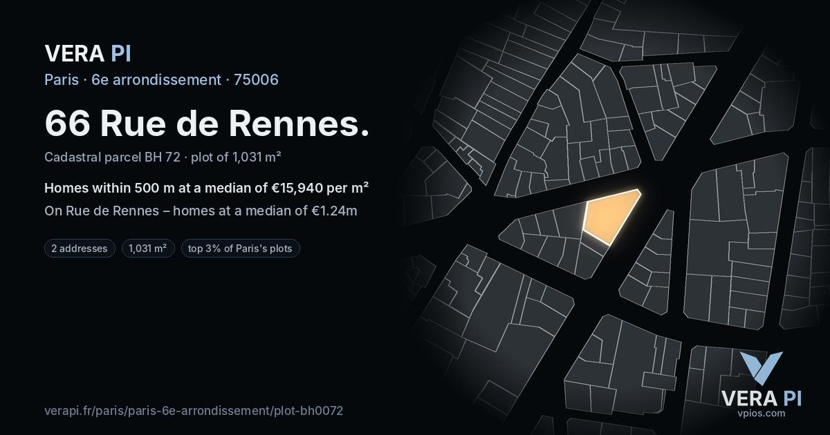 66 Rue de Rennes, 6e arrondissement at night – the plot lit, the parcels around coloured by the prices near them