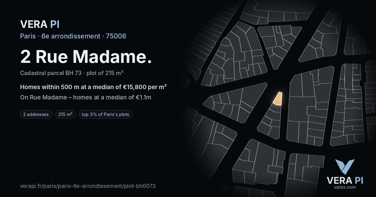2 Rue Madame, 6e arrondissement at night – the plot lit, the parcels around coloured by the prices near them