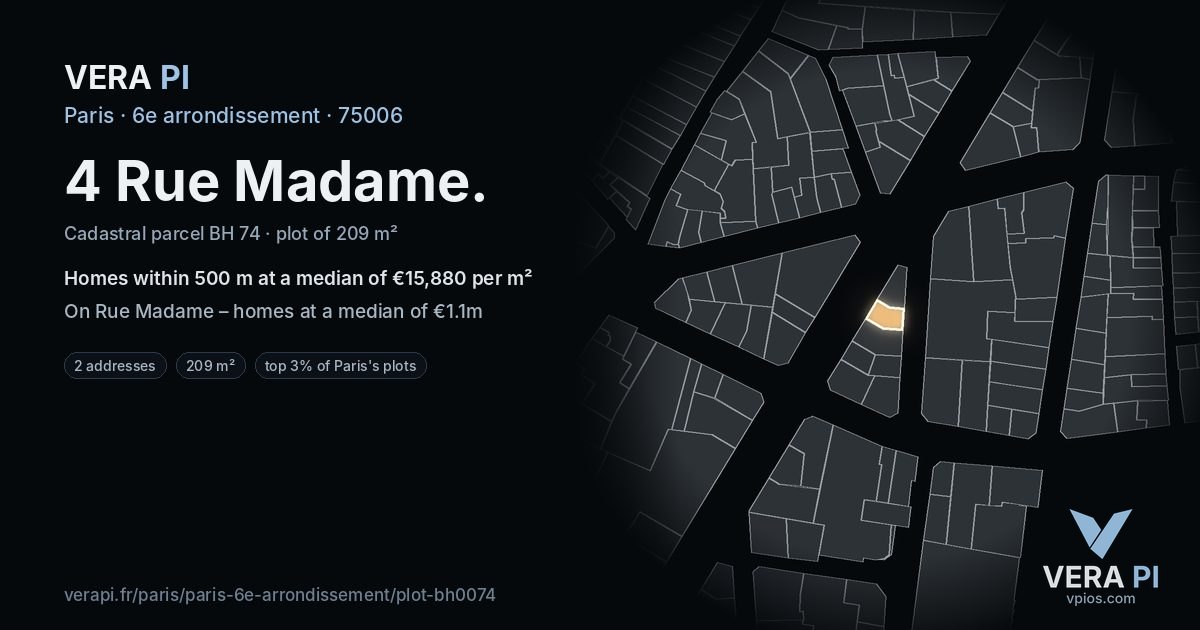 4 Rue Madame, 6e arrondissement at night – the plot lit, the parcels around coloured by the prices near them