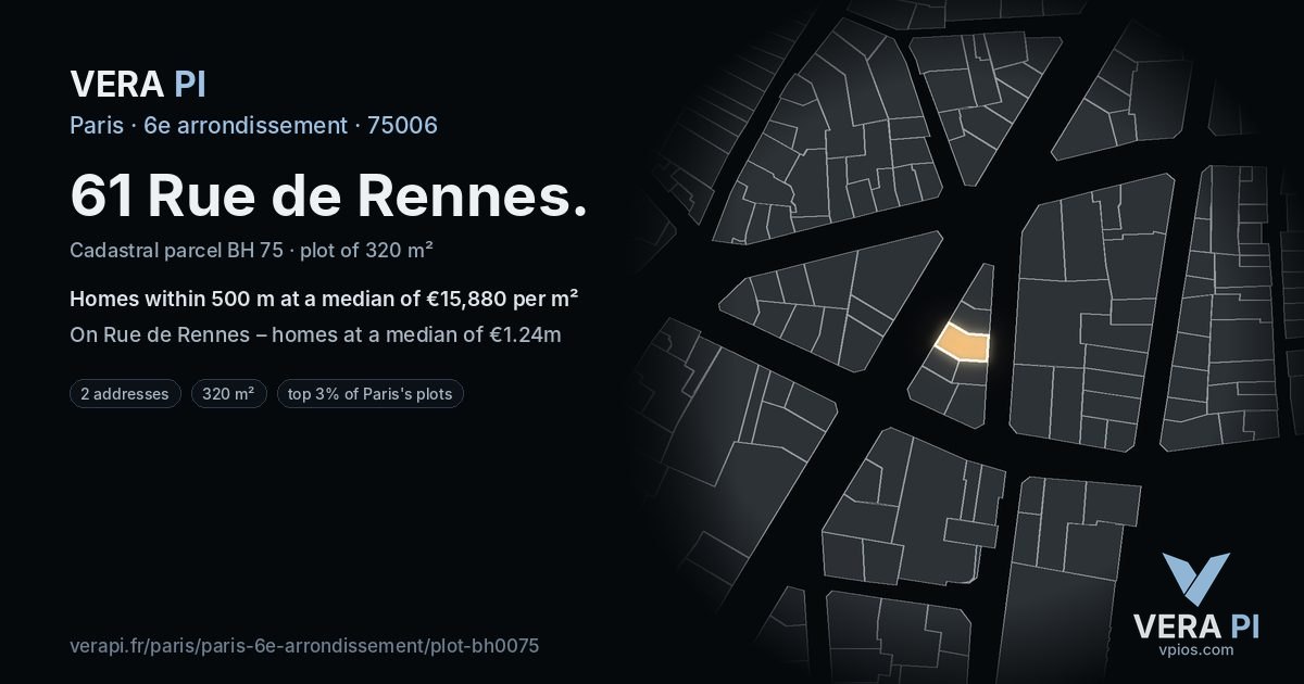 61 Rue de Rennes, 6e arrondissement at night – the plot lit, the parcels around coloured by the prices near them