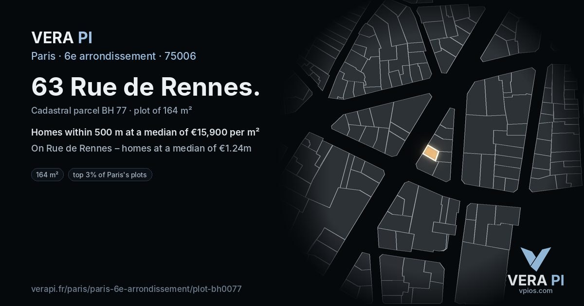 63 Rue de Rennes, 6e arrondissement at night – the plot lit, the parcels around coloured by the prices near them